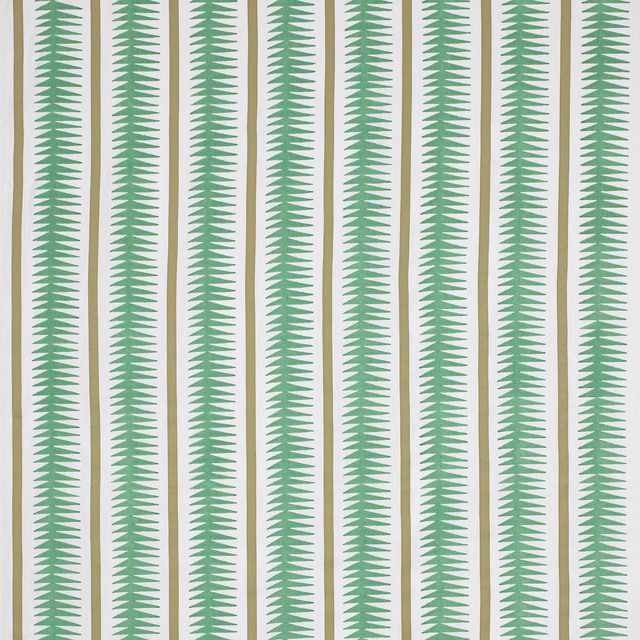Vertical green leaf motifs on a pale ground in a crisp striped fabric