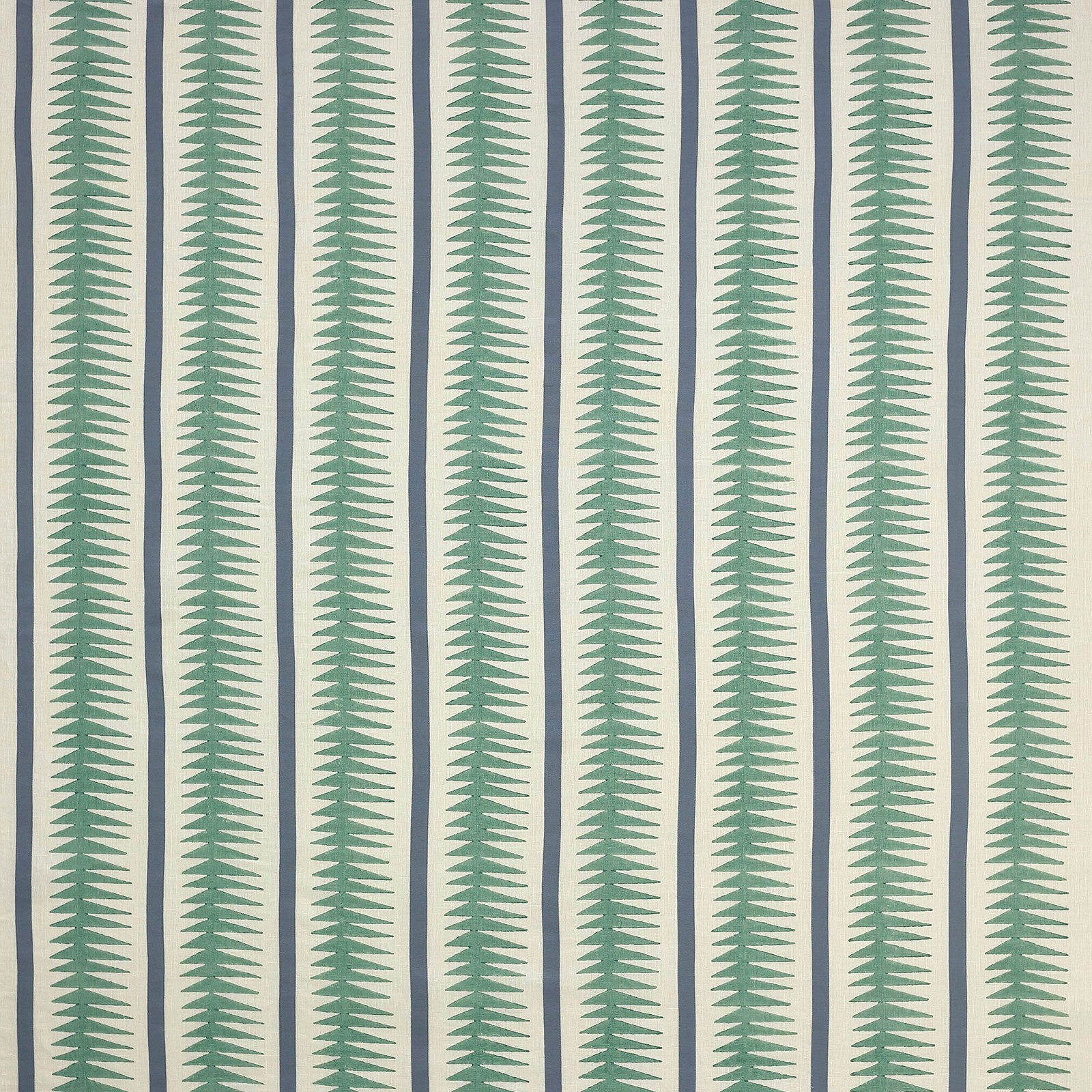 Vertical teal leaf-stripe fabric on a pale cream ground