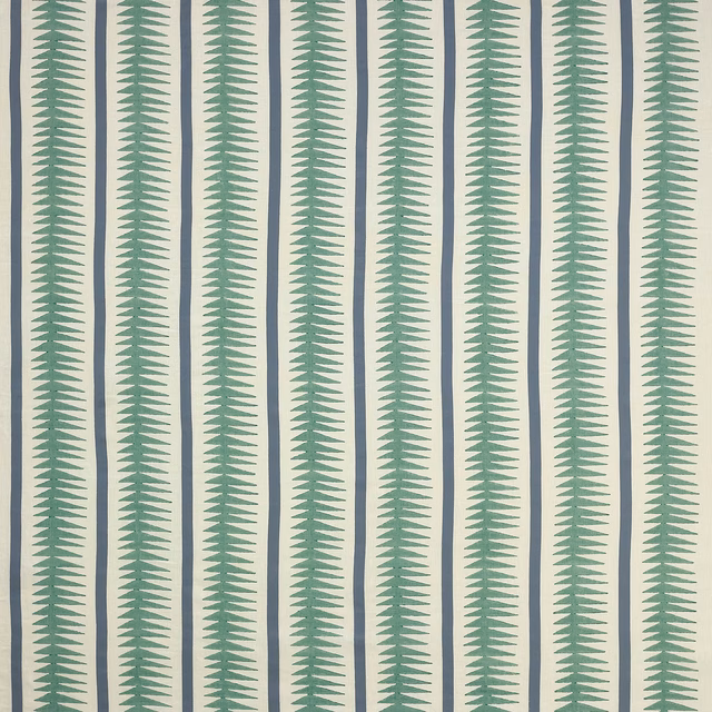 Vertical teal leaf-stripe fabric on a pale cream ground