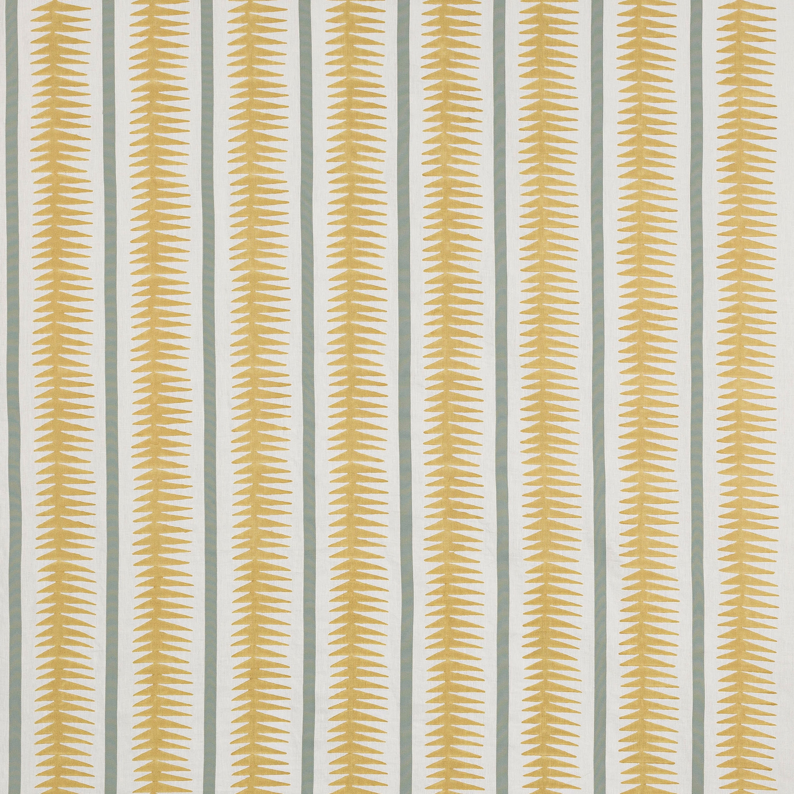 Vertical yellow leaf motif stripes on a pale aqua-tinged linen ground