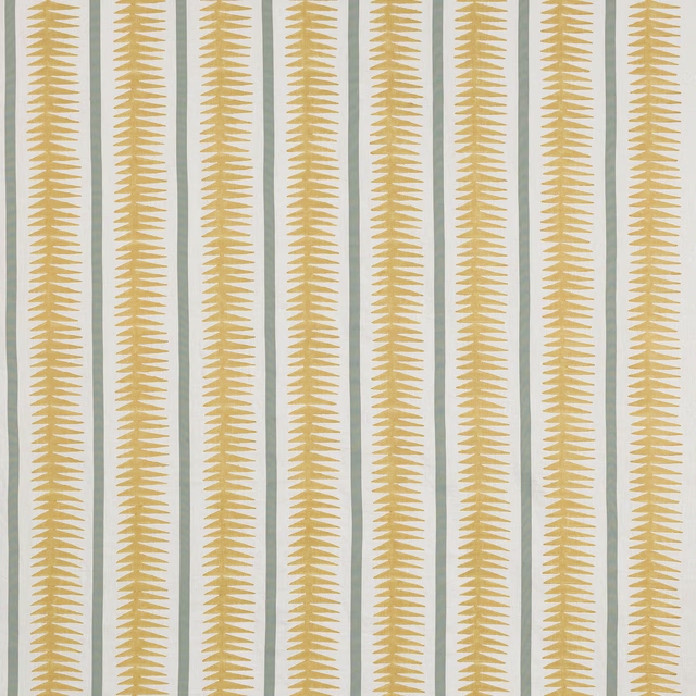 Vertical yellow leaf motif stripes on a pale aqua-tinged linen ground