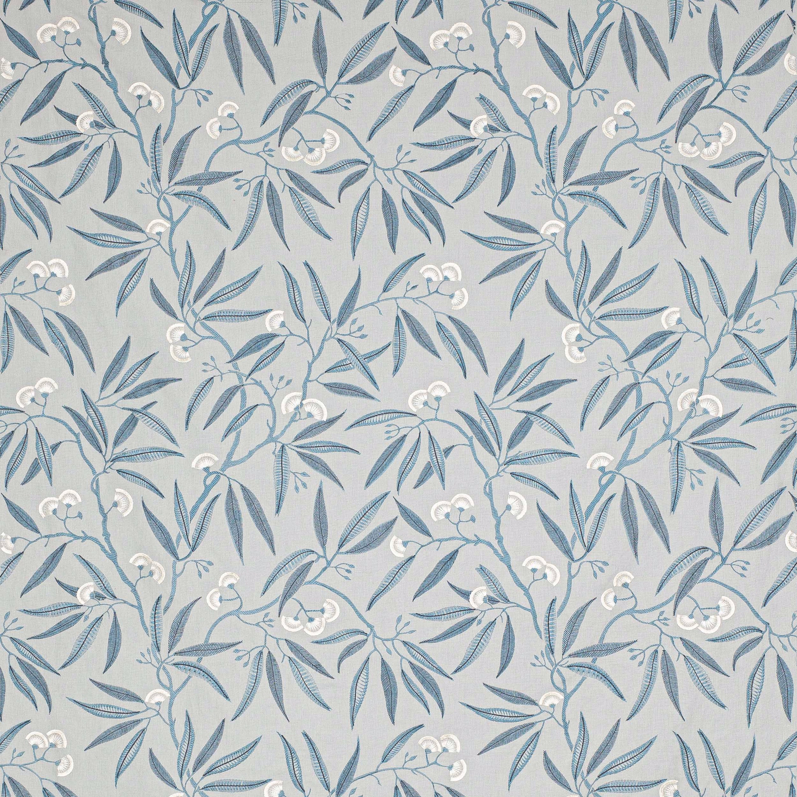 Duck egg blue leafy floral fabric with off-white blossom details on a pale ground