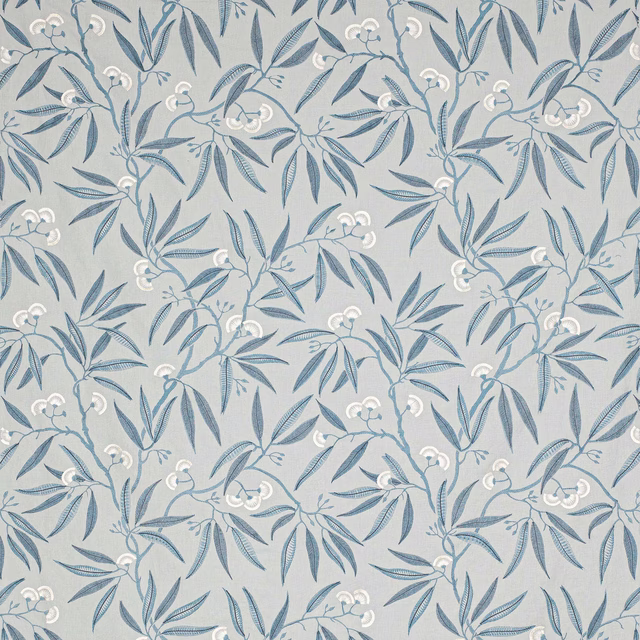 Duck egg blue leafy floral fabric with off-white blossom details on a pale ground