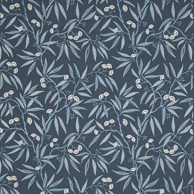 Dark navy botanical fabric with pale blue-grey leaves and ivory berry motifs