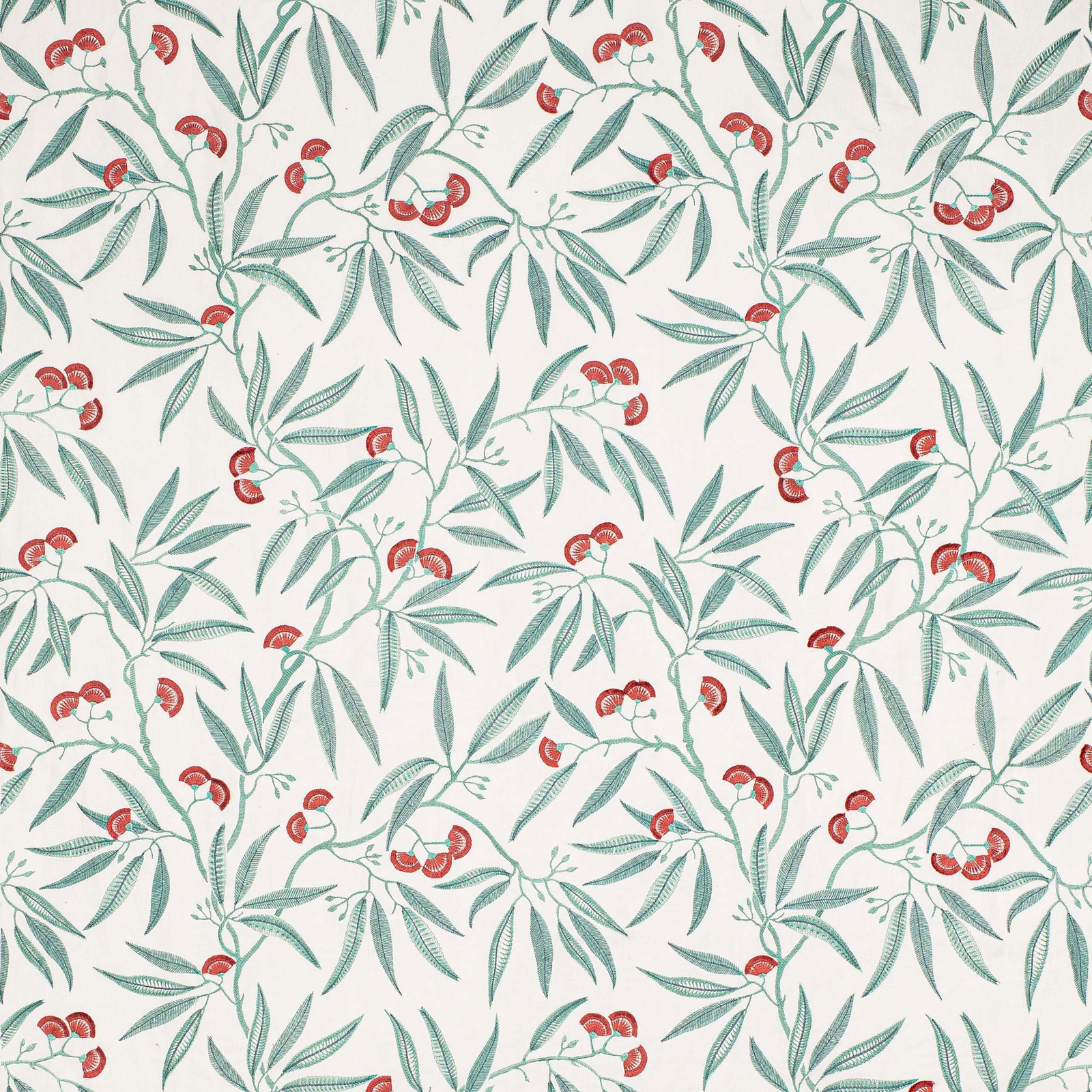 Cream fabric swatch with teal leafy branches and small red berry motifs