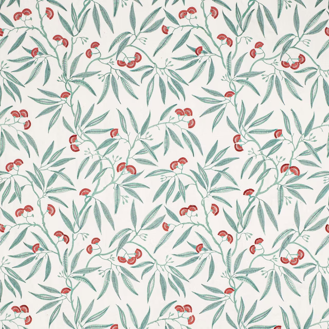 Cream fabric swatch with teal leafy branches and small red berry motifs