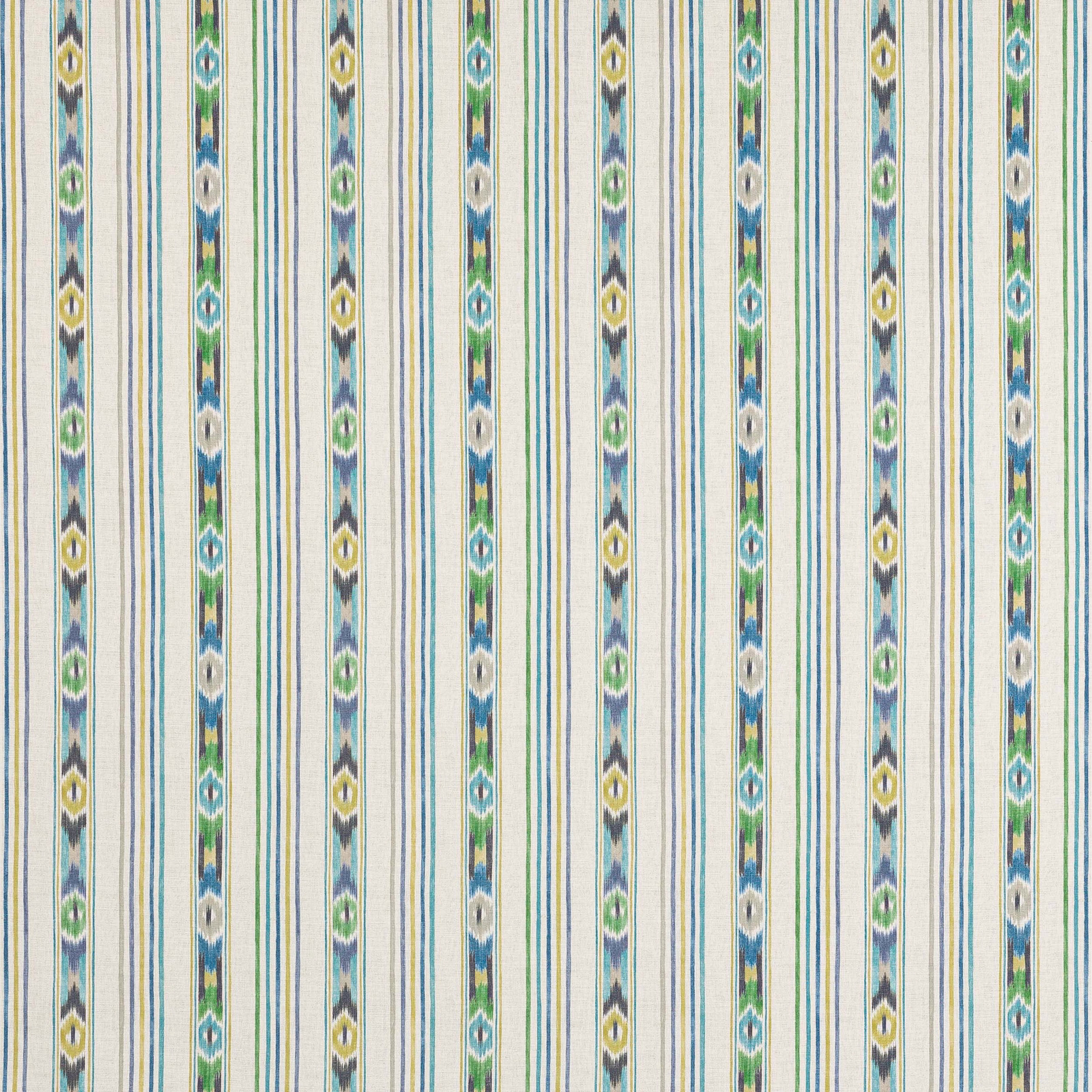 Vertical blue-green striped cotton fabric with cream ground and small woven motifs