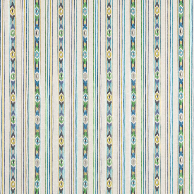Vertical blue-green striped cotton fabric with cream ground and small woven motifs