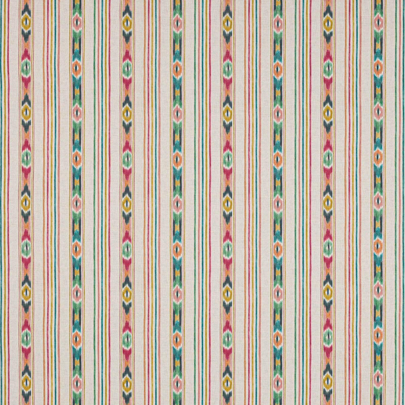 Cream cotton stripe fabric with jewel-toned vertical bands and narrow multicoloured pinstripes