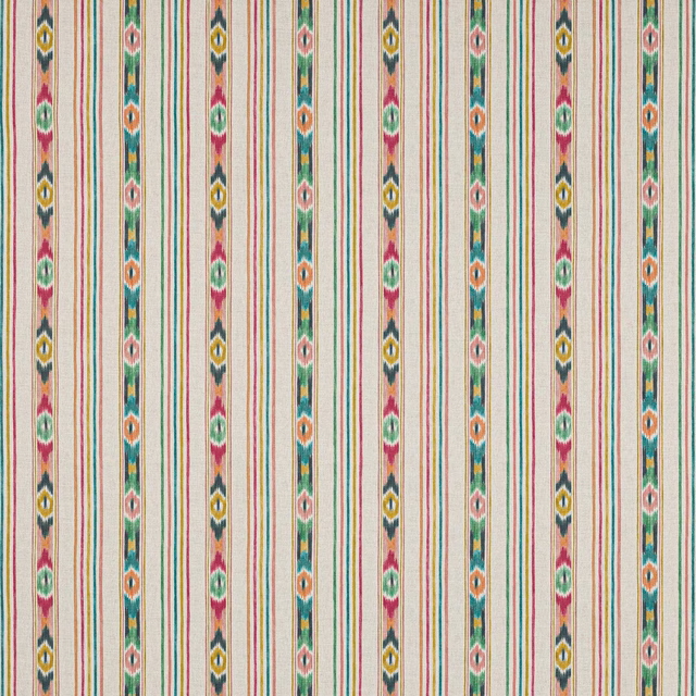 Cream cotton stripe fabric with jewel-toned vertical bands and narrow multicoloured pinstripes