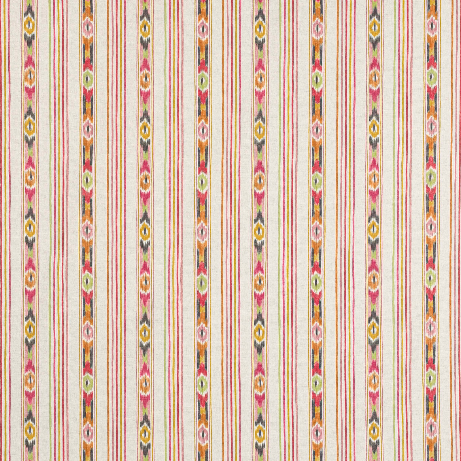 Cream cotton fabric with red pinstripes and multicolour ikat vertical bands