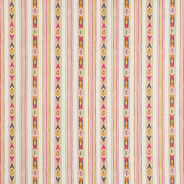 Cream cotton fabric with red pinstripes and multicolour ikat vertical bands