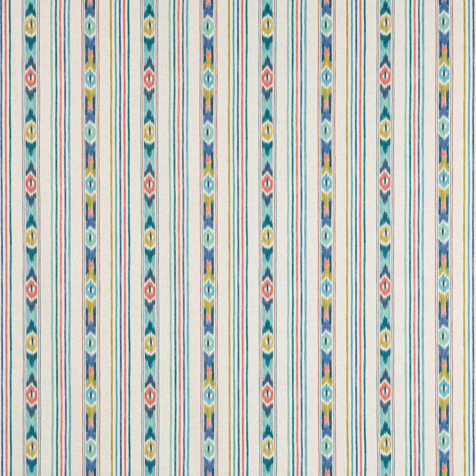 Vertical teal striped cotton with coral, yellow and mint ikat details on a cream ground