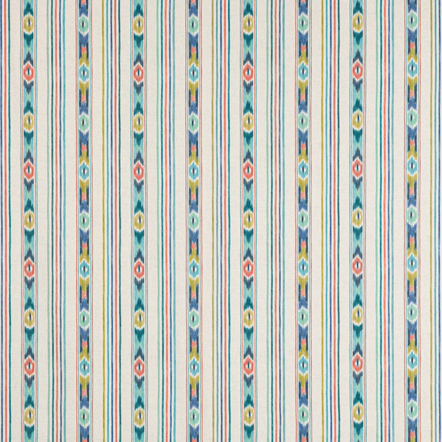 Vertical teal striped cotton with coral, yellow and mint ikat details on a cream ground