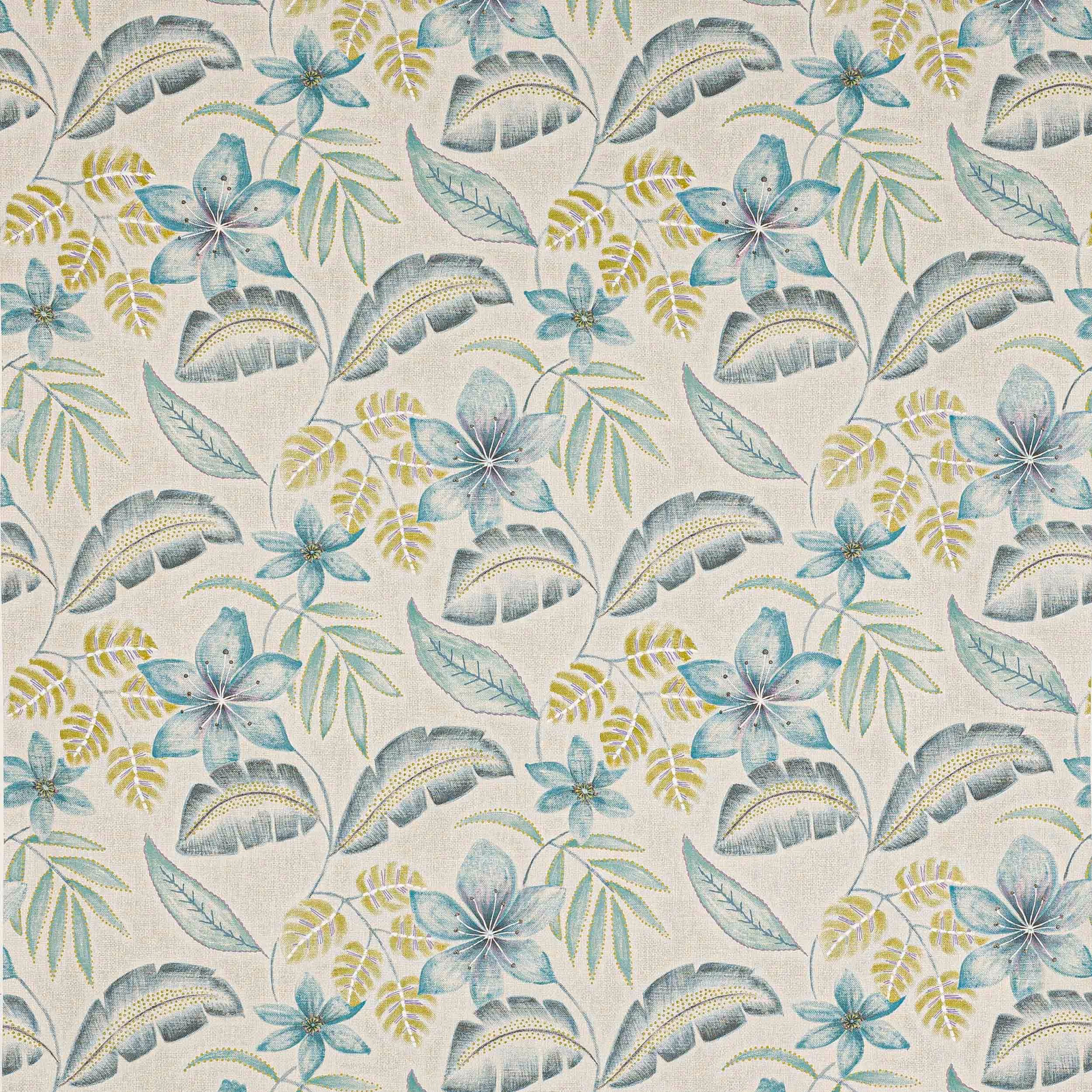 Pale botanical fabric with aqua blue flowers, sage leaves and cream ground