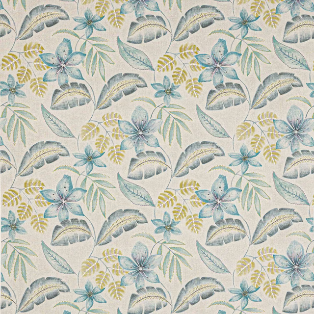 Pale botanical fabric with aqua blue flowers, sage leaves and cream ground