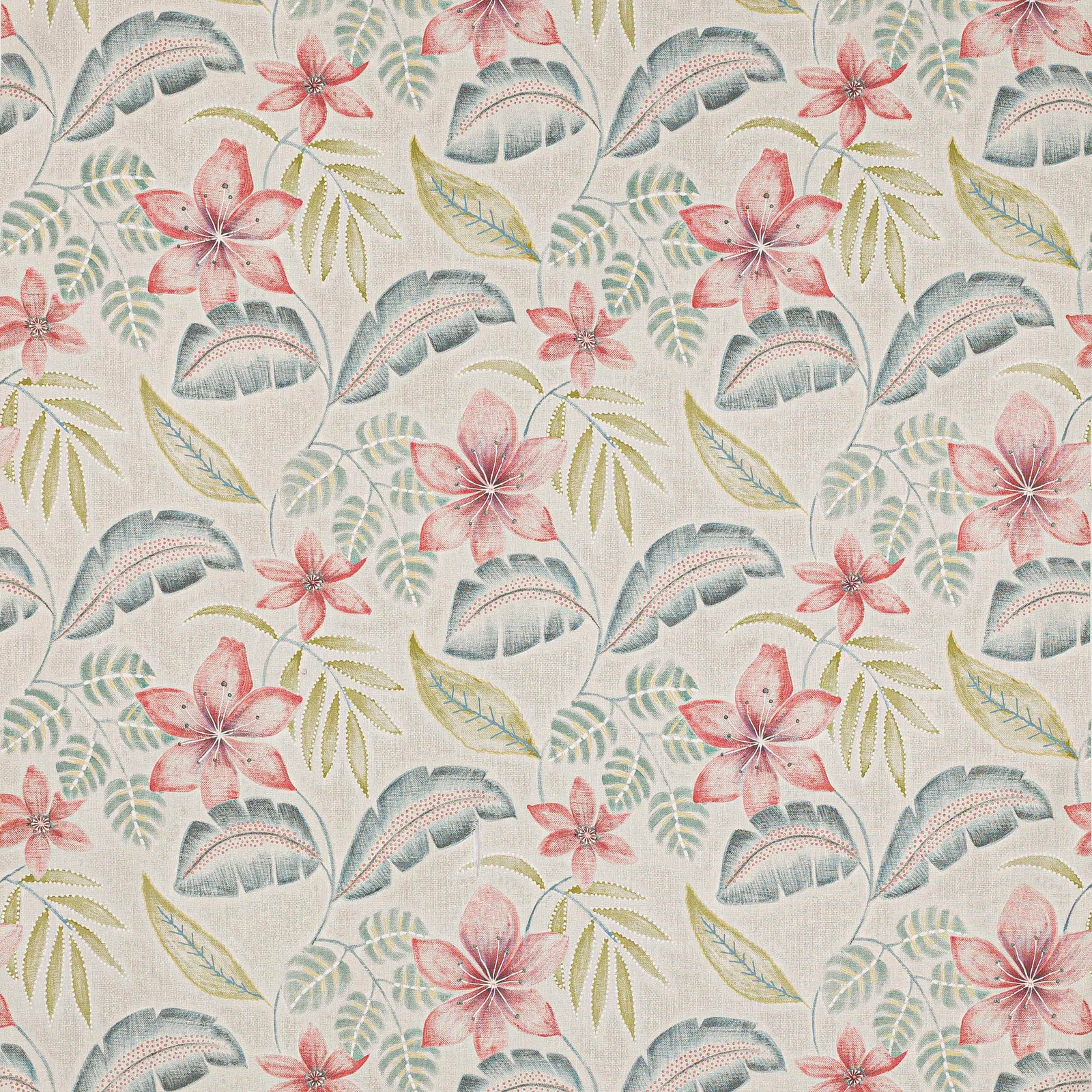 Pale tropical floral fabric with blush pink flowers and blue-green leaves