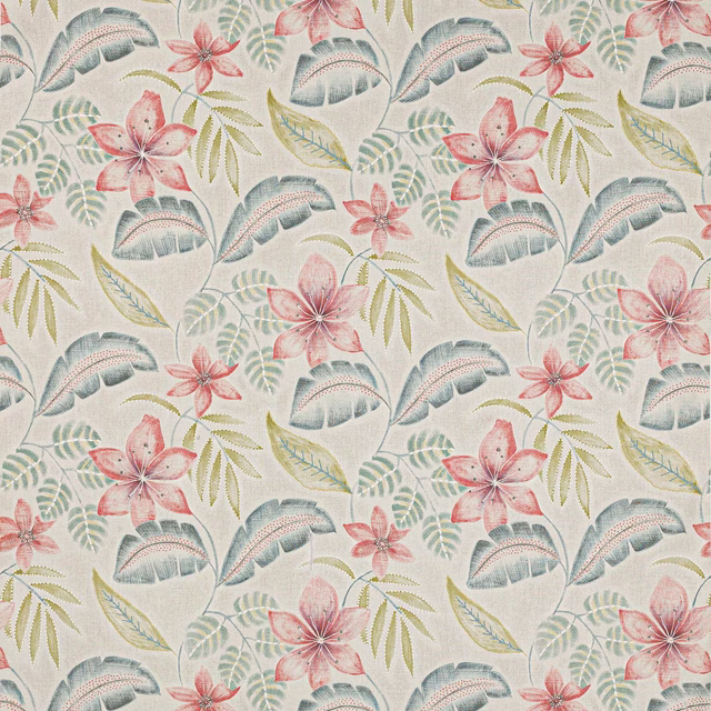 Pale tropical floral fabric with blush pink flowers and blue-green leaves