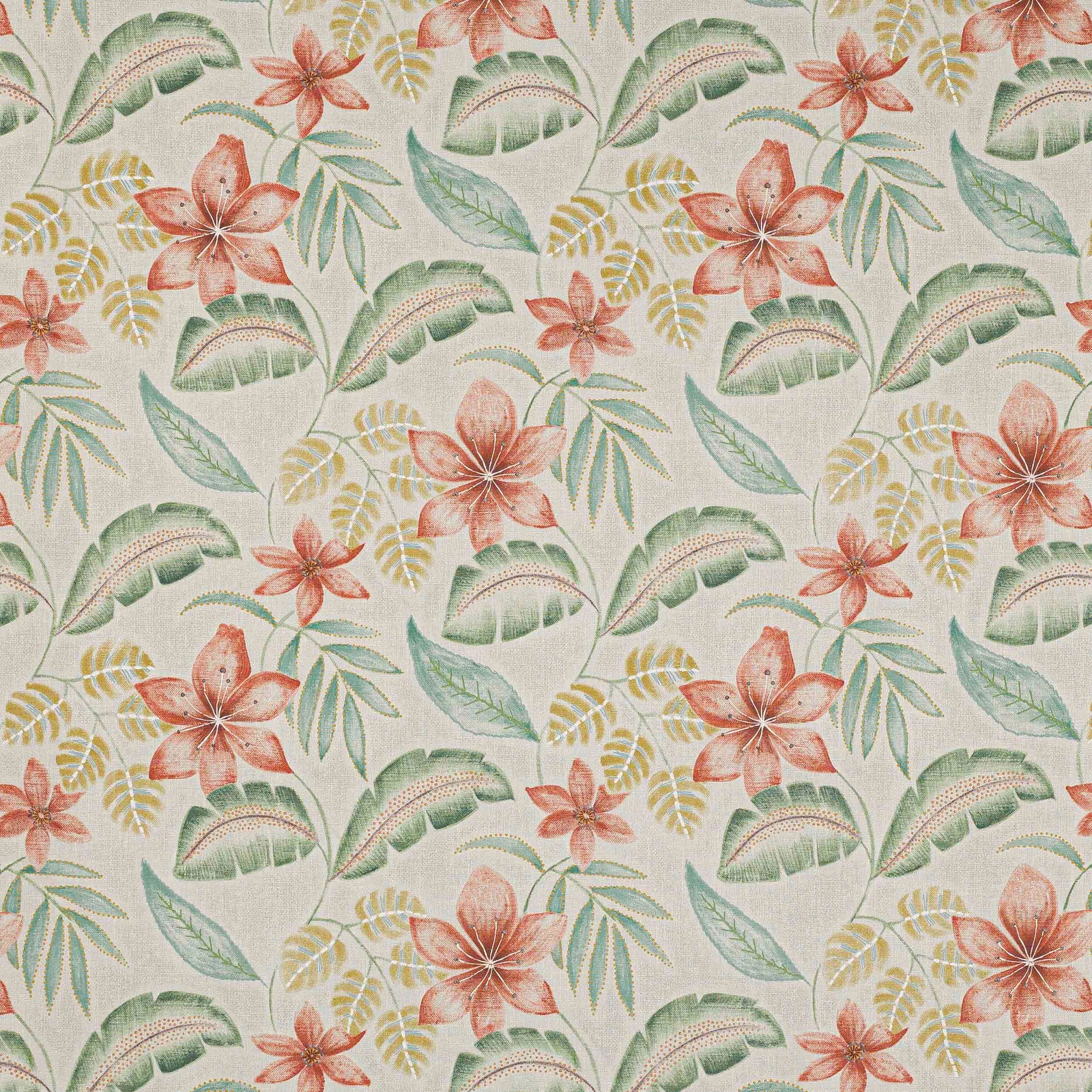 Pale tropical floral fabric with coral flowers, mint leaves and yellow foliage