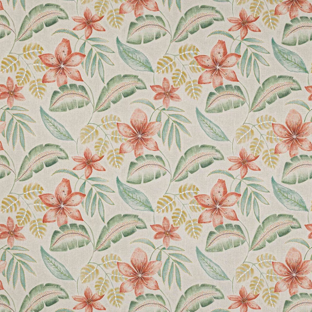 Pale tropical floral fabric with coral flowers, mint leaves and yellow foliage