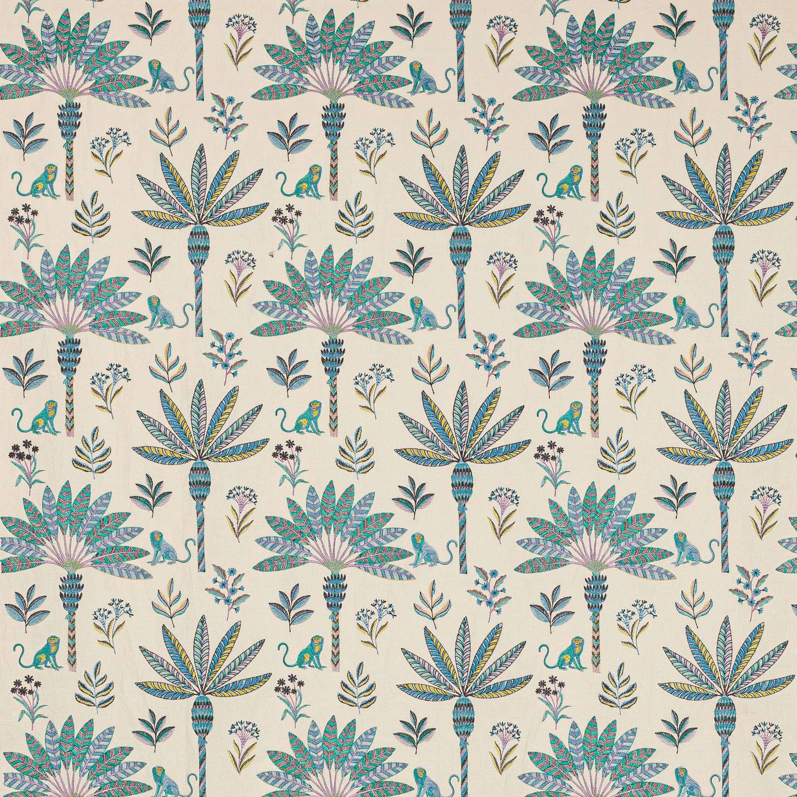Cream fabric with turquoise palm trees, leafy sprigs and small monkeys in a repeat pattern