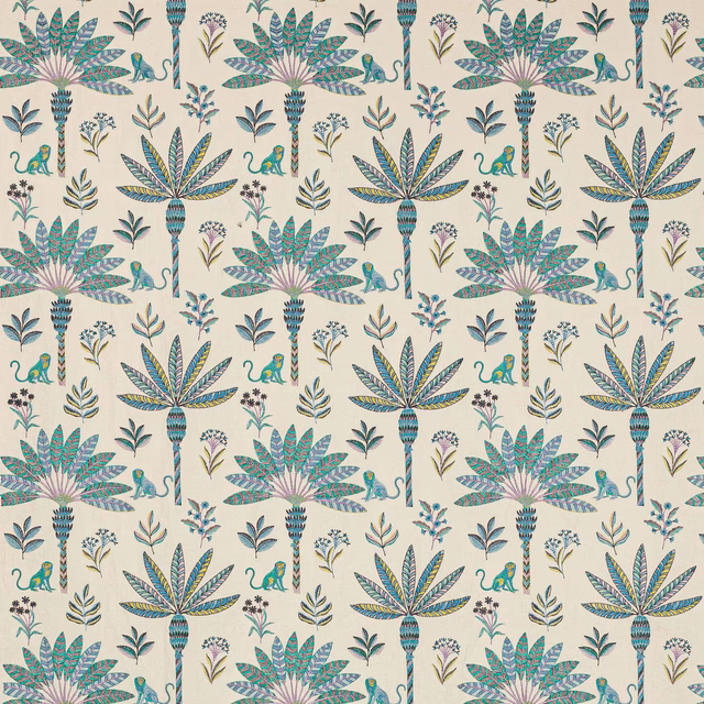 Cream fabric with turquoise palm trees, leafy sprigs and small monkeys in a repeat pattern