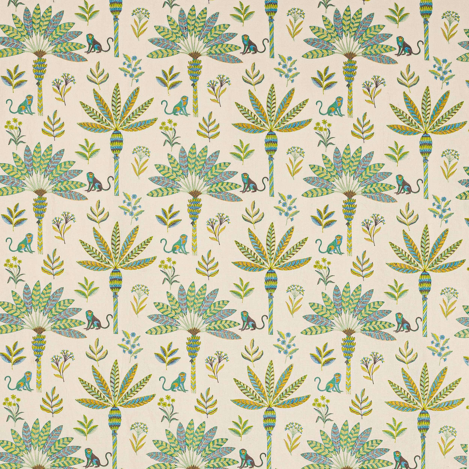 Palm tree and monkey motif in soft green, aqua and yellow on a cream ground