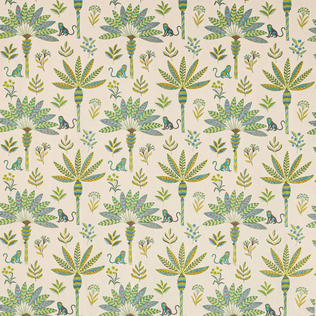 Palm tree and monkey motif in soft green, aqua and yellow on a cream ground