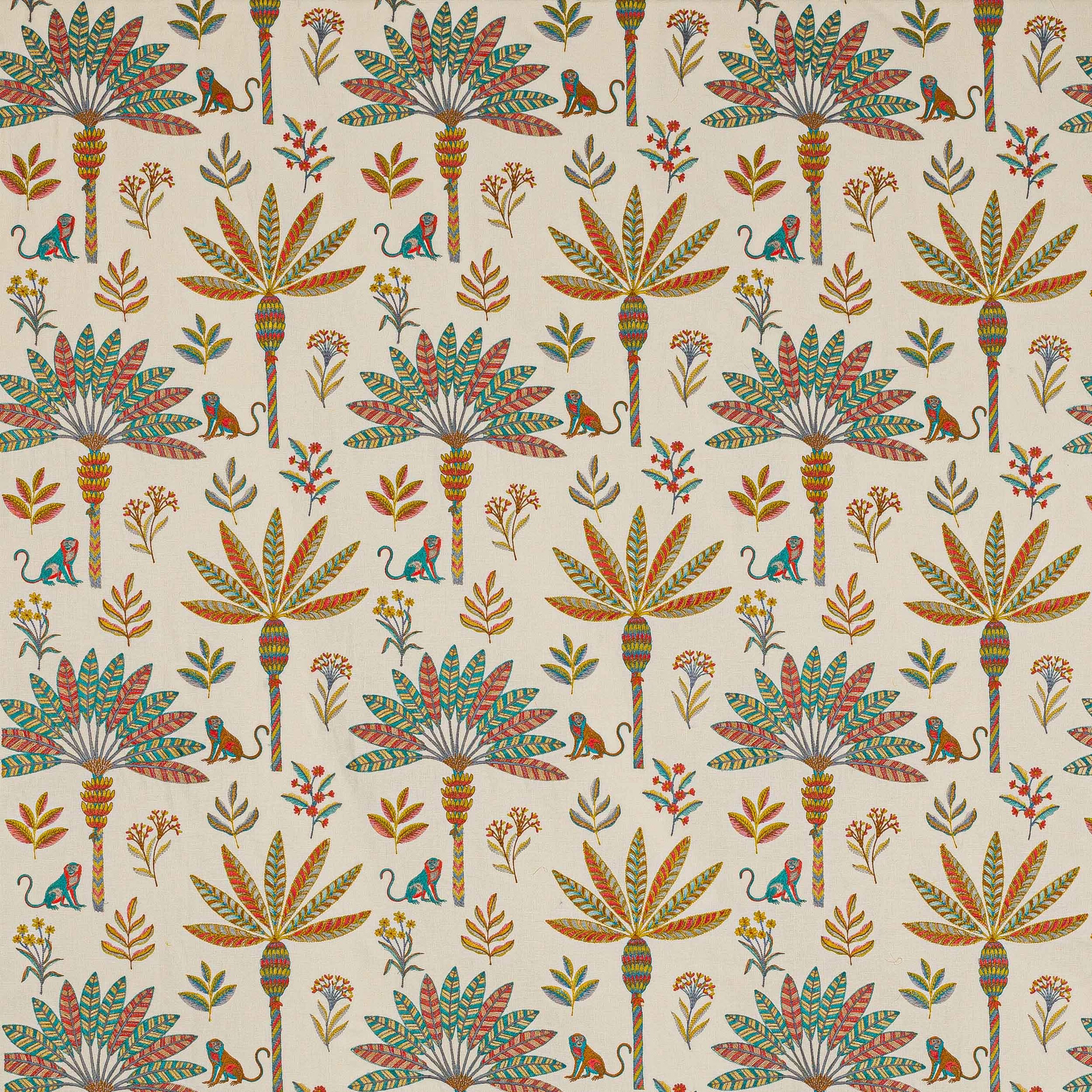 Ivory fabric with colourful palm trees, monkeys and small botanical motifs