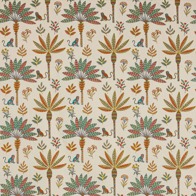 Ivory fabric with colourful palm trees, monkeys and small botanical motifs