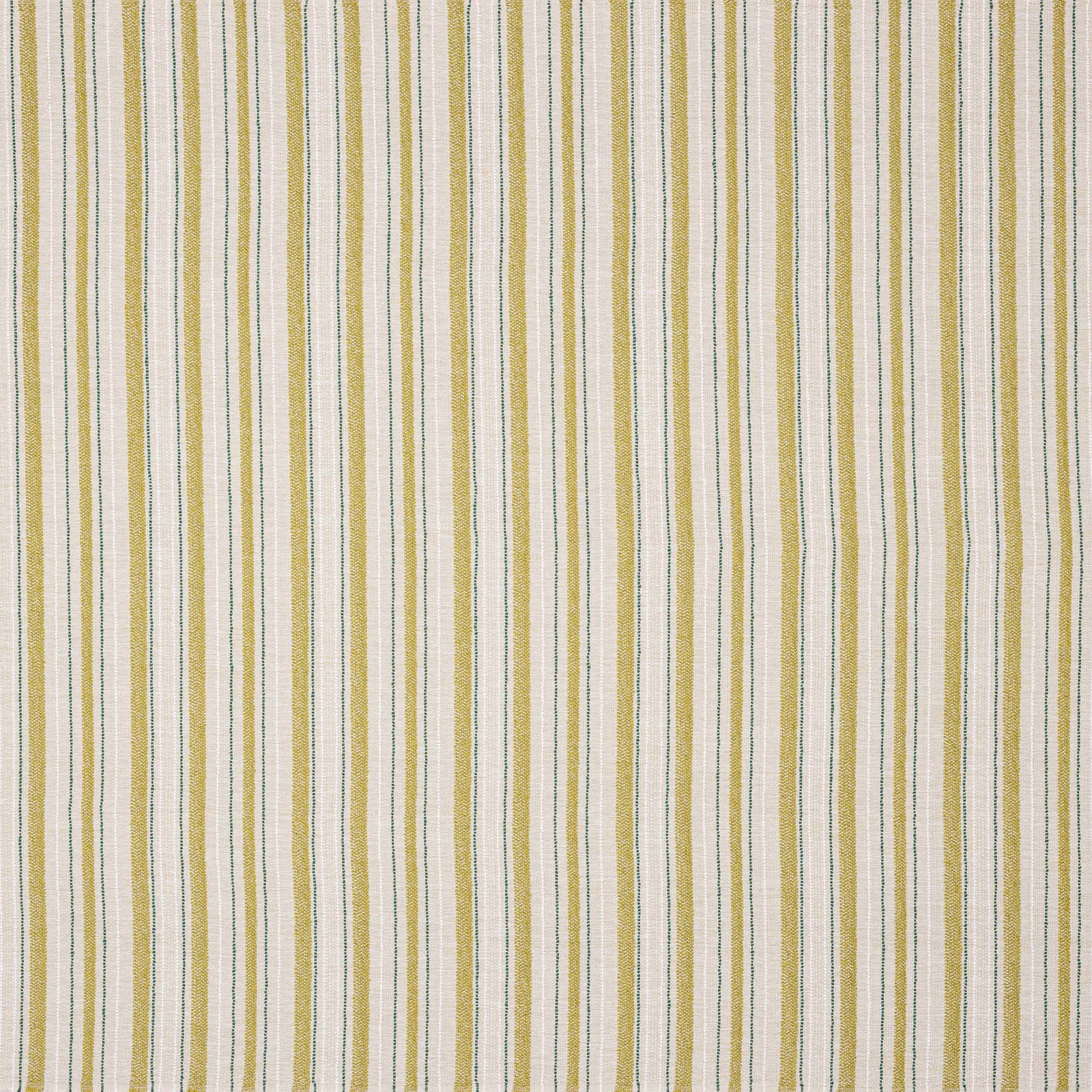 Vertical striped fabric in anis yellow, cream and fine green on a textured weave