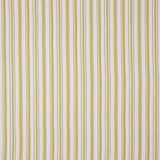 Vertical striped fabric in anis yellow, cream and fine green on a textured weave