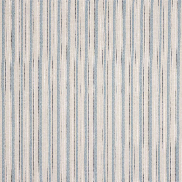 Pale ciel blue and ivory vertical striped fabric with fine navy accents