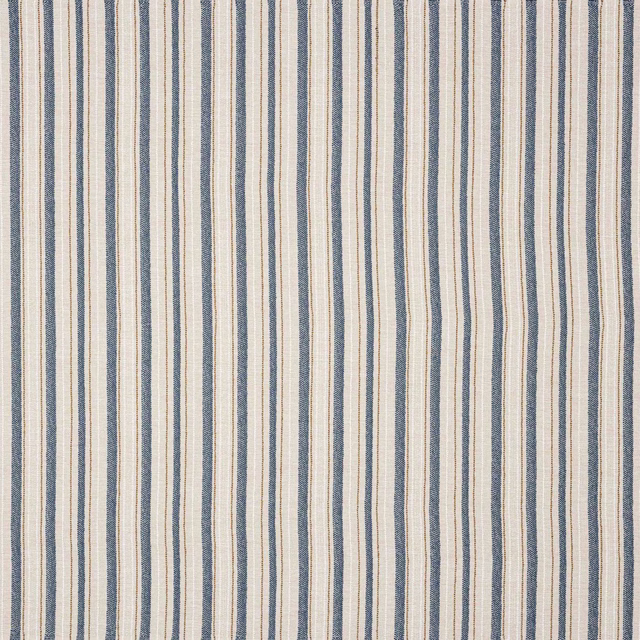 Pale blue and ivory vertical striped fabric swatch with fine woven texture
