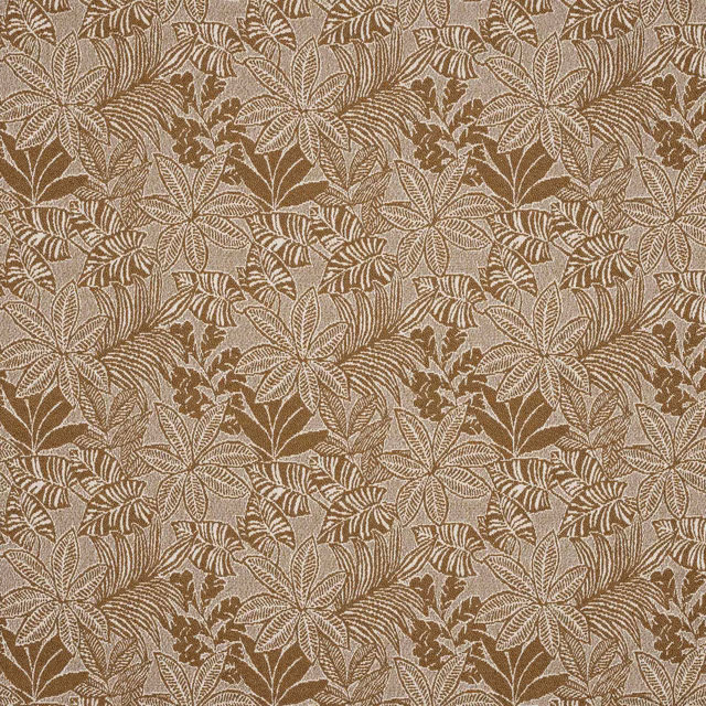 Camel-brown botanical woven fabric with large leaf motifs on a beige ground