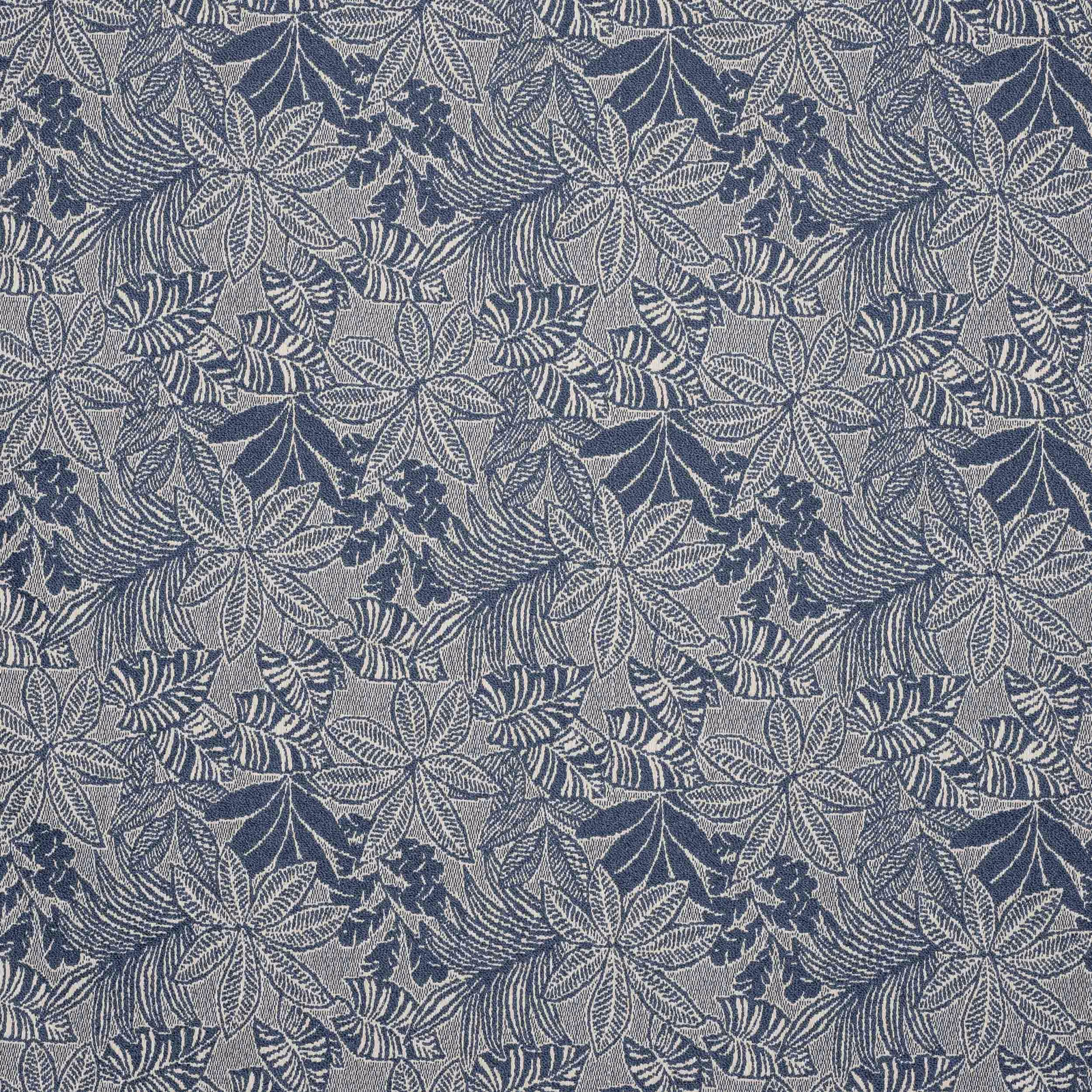 Close-up of Barbade Mer floral woven fabric in muted slate blue and grey