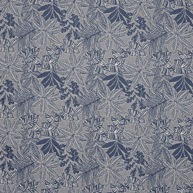 Close-up of Barbade Mer floral woven fabric in muted slate blue and grey