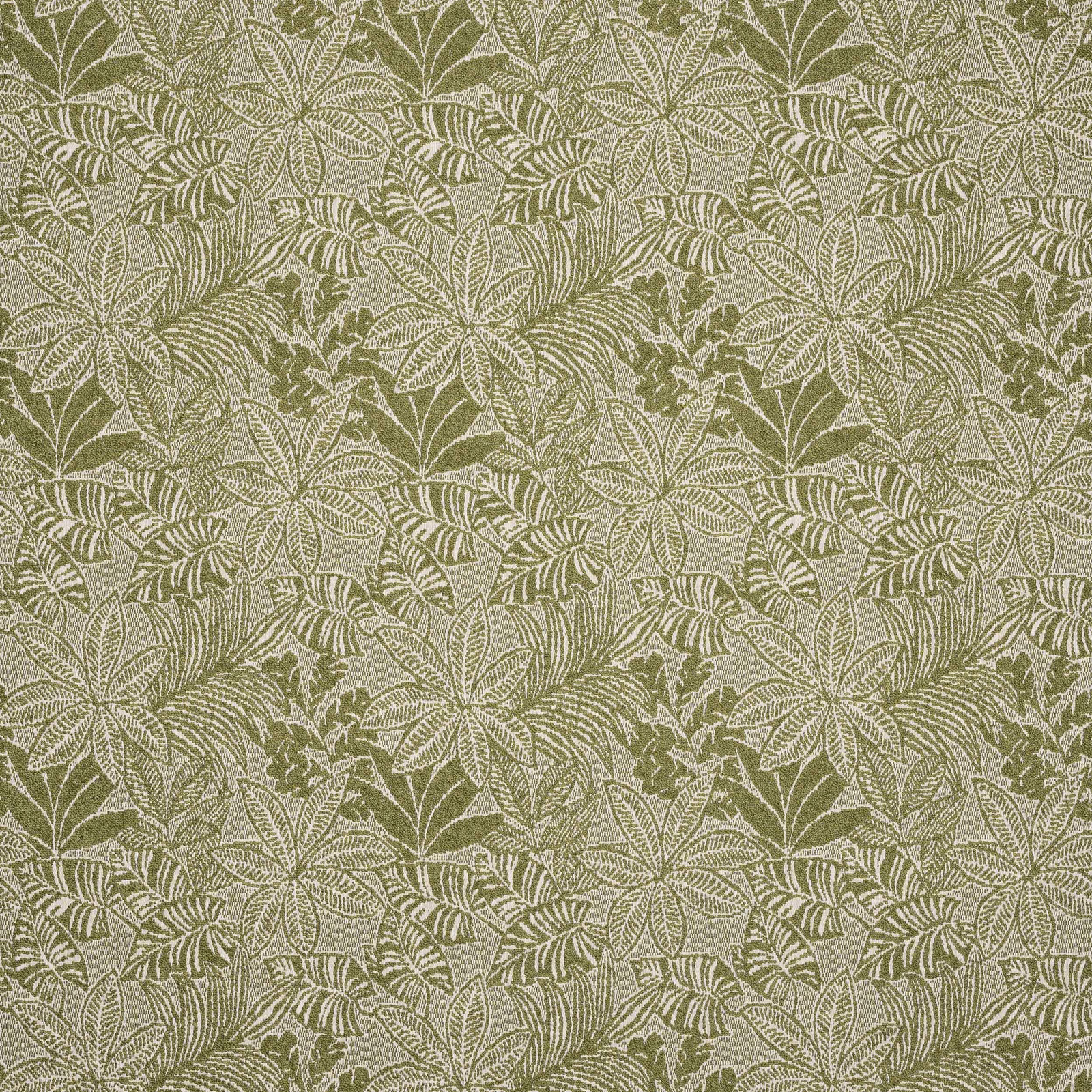 Close-up of olive and sage leaf-patterned woven fabric with textured repeat