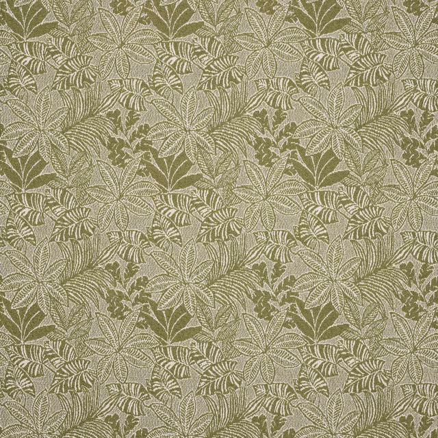 Close-up of olive and sage leaf-patterned woven fabric with textured repeat