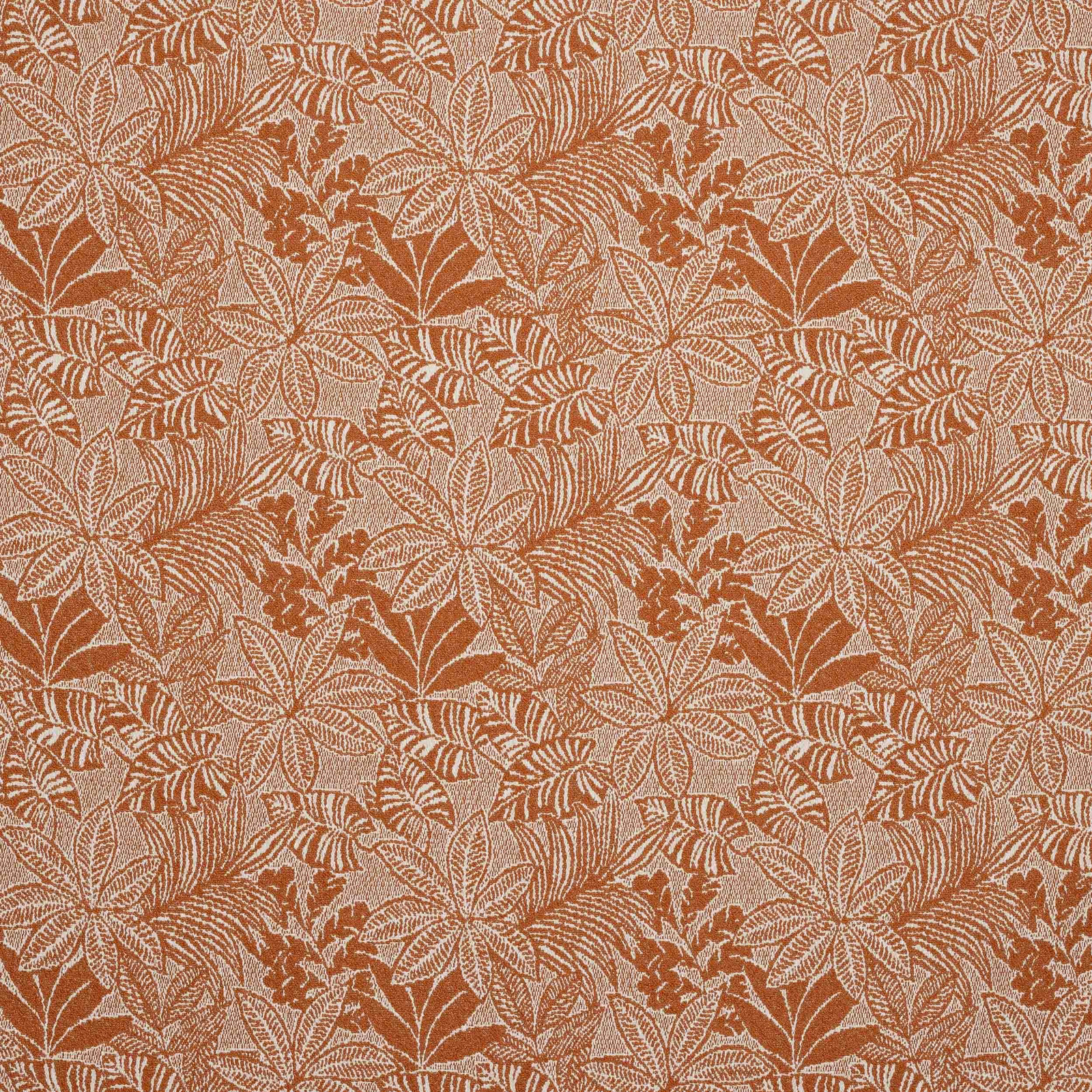 Terracotta botanical fabric with cream leaf motifs and a textured woven ground