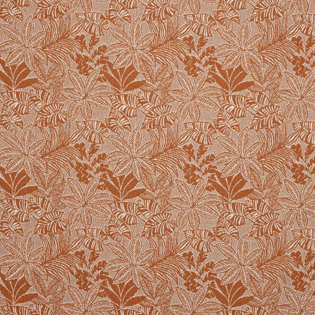 Terracotta botanical fabric with cream leaf motifs and a textured woven ground