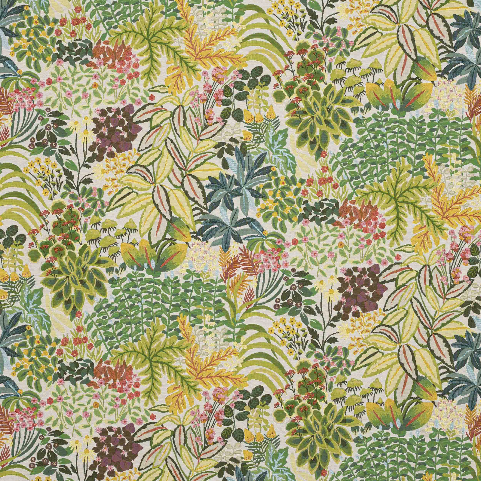 Large botanical fabric print with anis green leaves, yellow fronds and pink flower clusters
