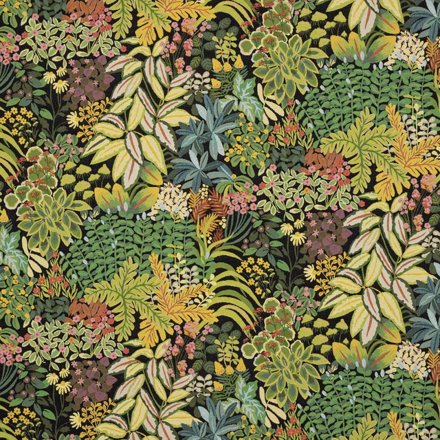 Dense tropical botanical fabric with black ground and multicoloured leaves