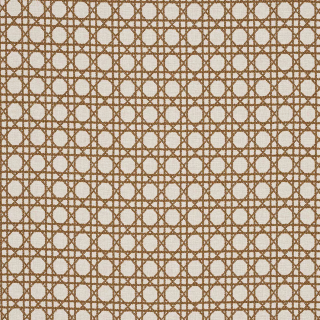Camel brown geometric lattice fabric on a pale ground, close-up swatch