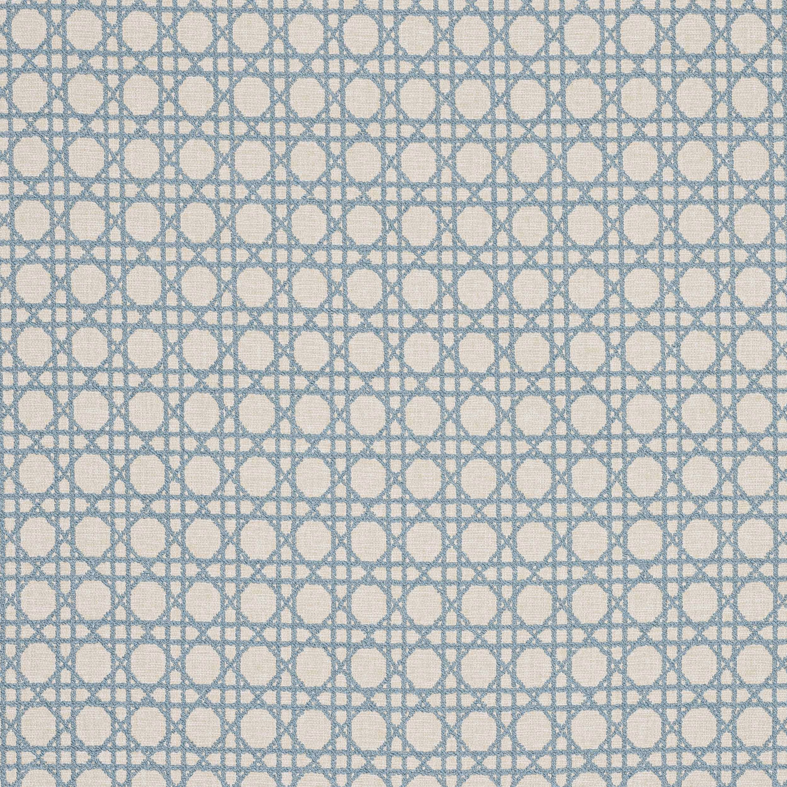 Pale ciel blue geometric woven fabric with oval grid pattern on cream ground