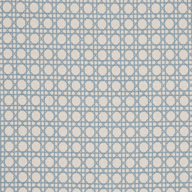 Pale ciel blue geometric woven fabric with oval grid pattern on cream ground