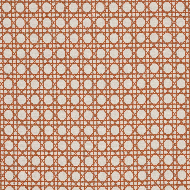 Terracotta geometric lattice fabric with cream ground and rounded oval motif