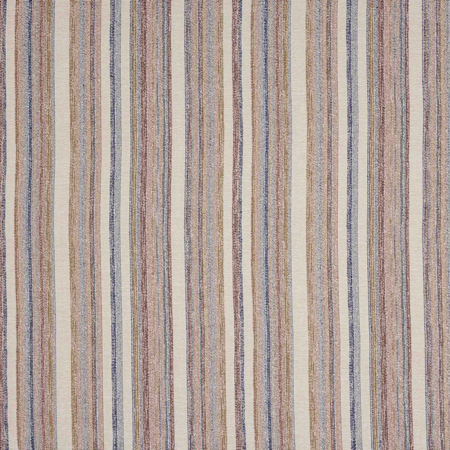 Soft cream fabric swatch with narrow vertical beige, blue and terracotta stripes