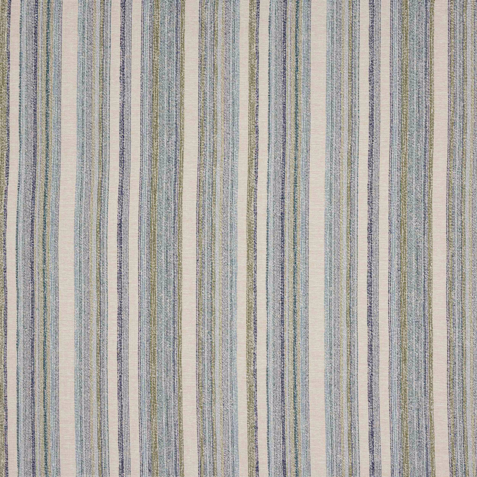 Vertical striped fabric swatch in ivory, aqua, grey-blue and soft sage threads