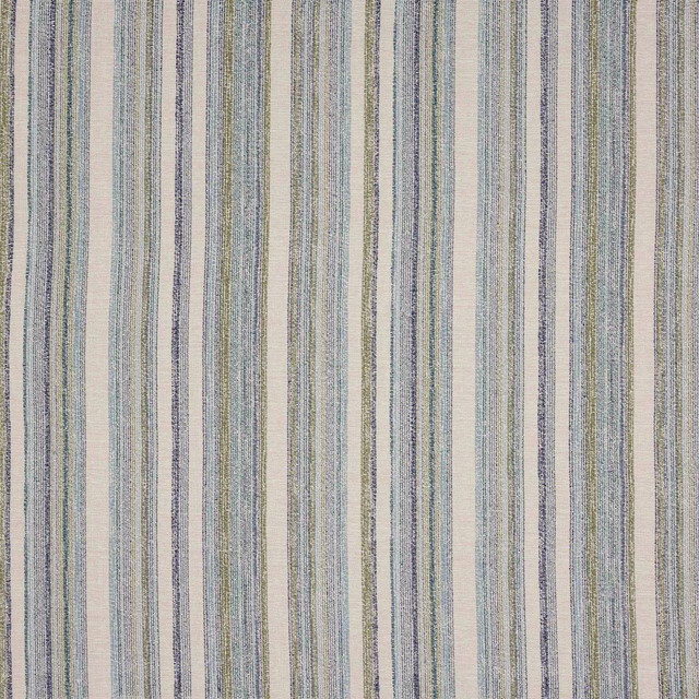 Vertical striped fabric swatch in ivory, aqua, grey-blue and soft sage threads